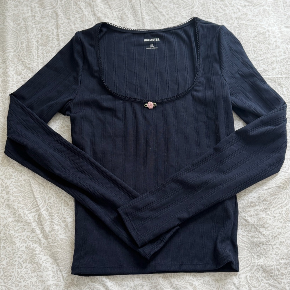 Hollister Navy Long Sleeve with Coquette Rose Detail